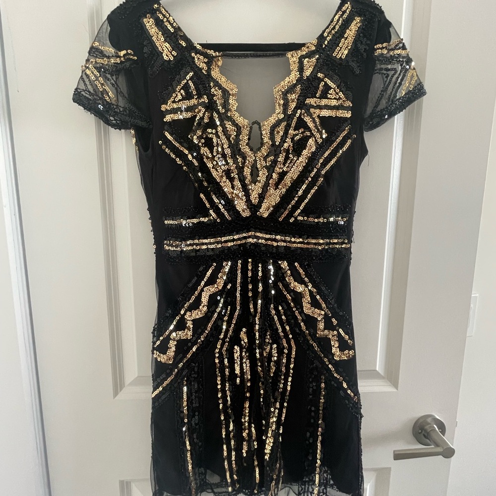 L'ATISTE (Boutique 1861) Black and Gold Embellished Bodycon Mini Dress